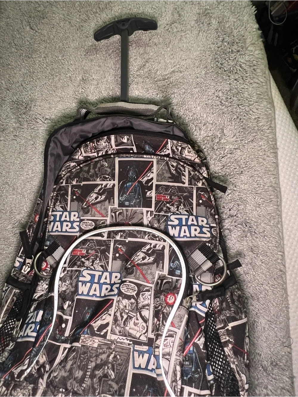 Pottery Barn Star Wars Black and Gray Comic Graphic Rolling Backpack 3 Pockets
